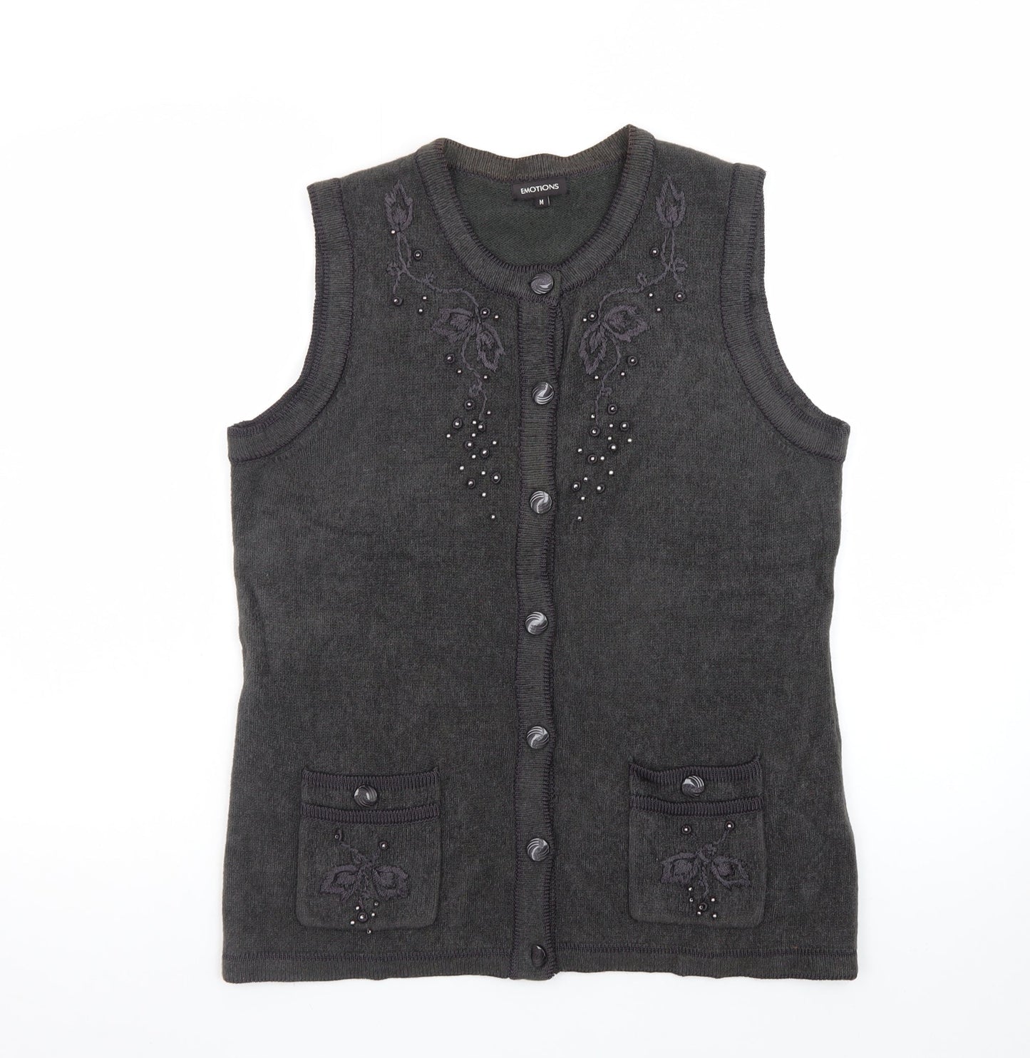 Emotions Womens Black Sleeveless Cardigan Vest M Embroidered Beaded Knit