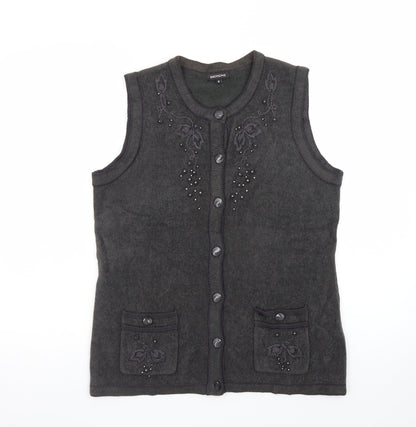 Emotions Womens Black Sleeveless Cardigan Vest M Embroidered Beaded Knit