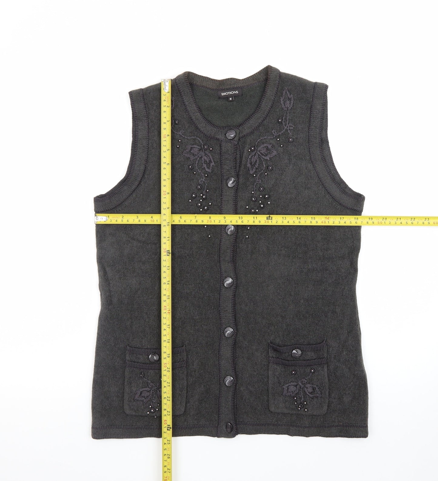 Emotions Womens Black Sleeveless Cardigan Vest M Embroidered Beaded Knit