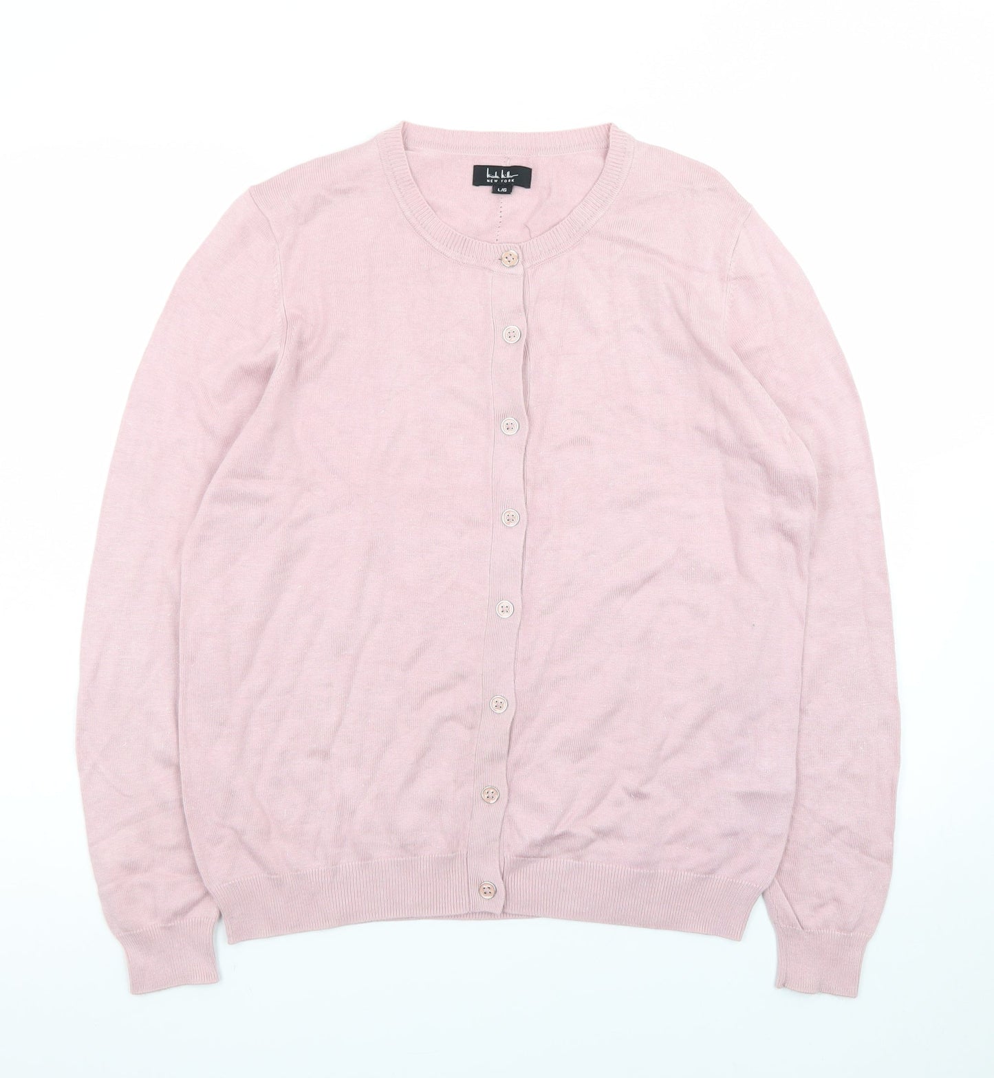 Nicole Miller Women’s Pink Cardigan L Long Sleeve Crew Neck Knit