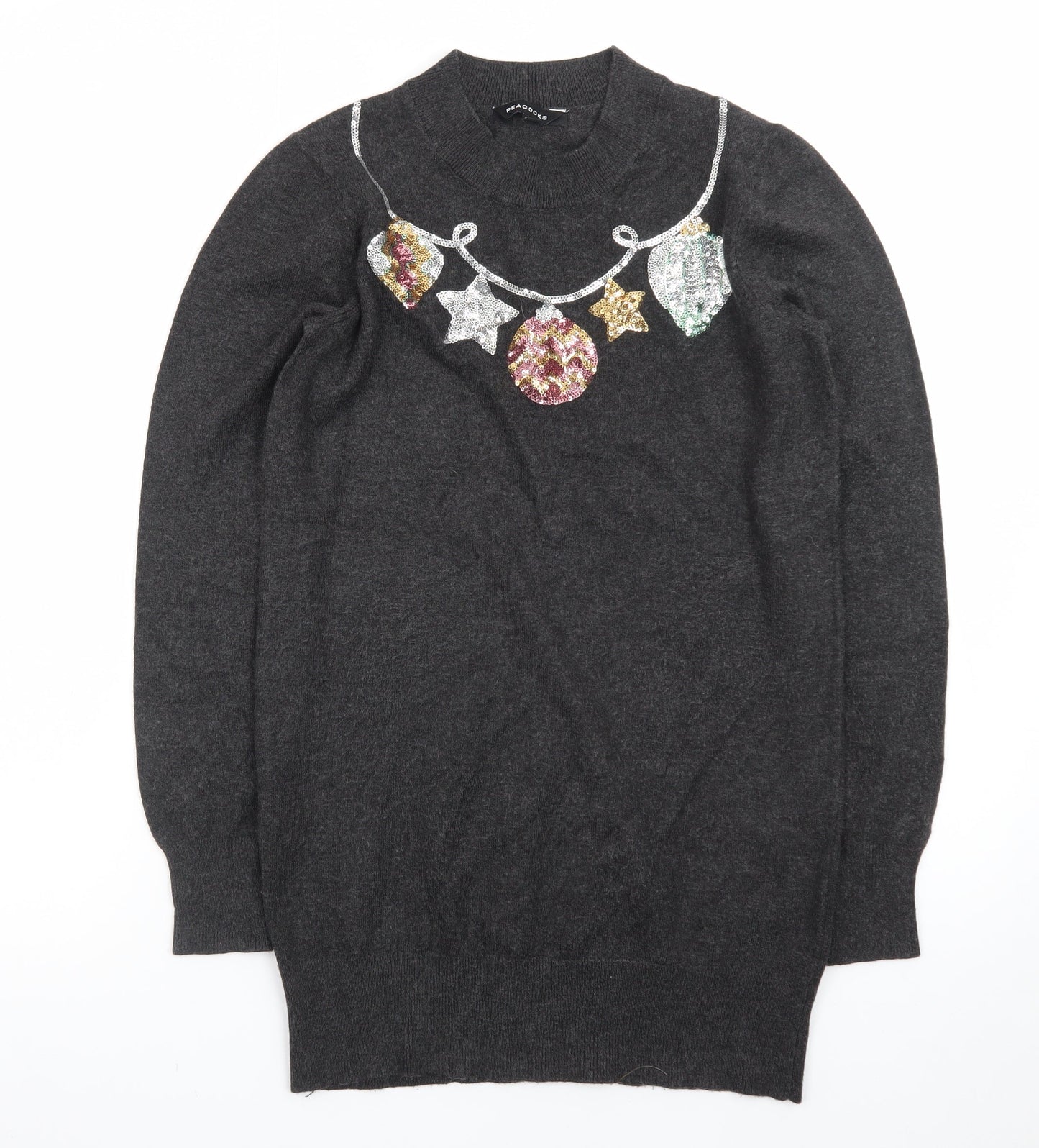 Peacocks Women’s Grey Sequin Christmas High Neck Jumper Size 8