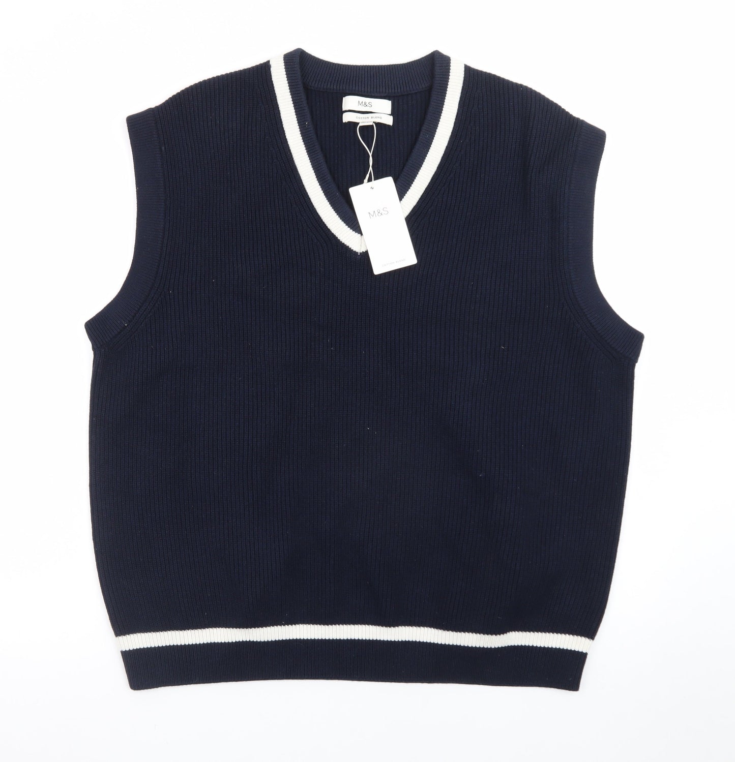 Marks and Spencer Men's Blue Cotton Blend V-Neck Sleeveless Jumper Vest XL