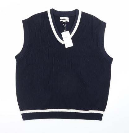 Marks and Spencer Men's Blue Cotton Blend V-Neck Sleeveless Jumper Vest XL