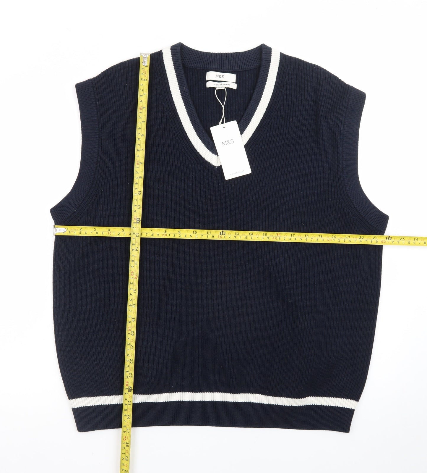 Marks and Spencer Men's Blue Cotton Blend V-Neck Sleeveless Jumper Vest XL