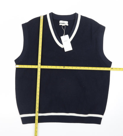 Marks and Spencer Men's Blue Cotton Blend V-Neck Sleeveless Jumper Vest XL