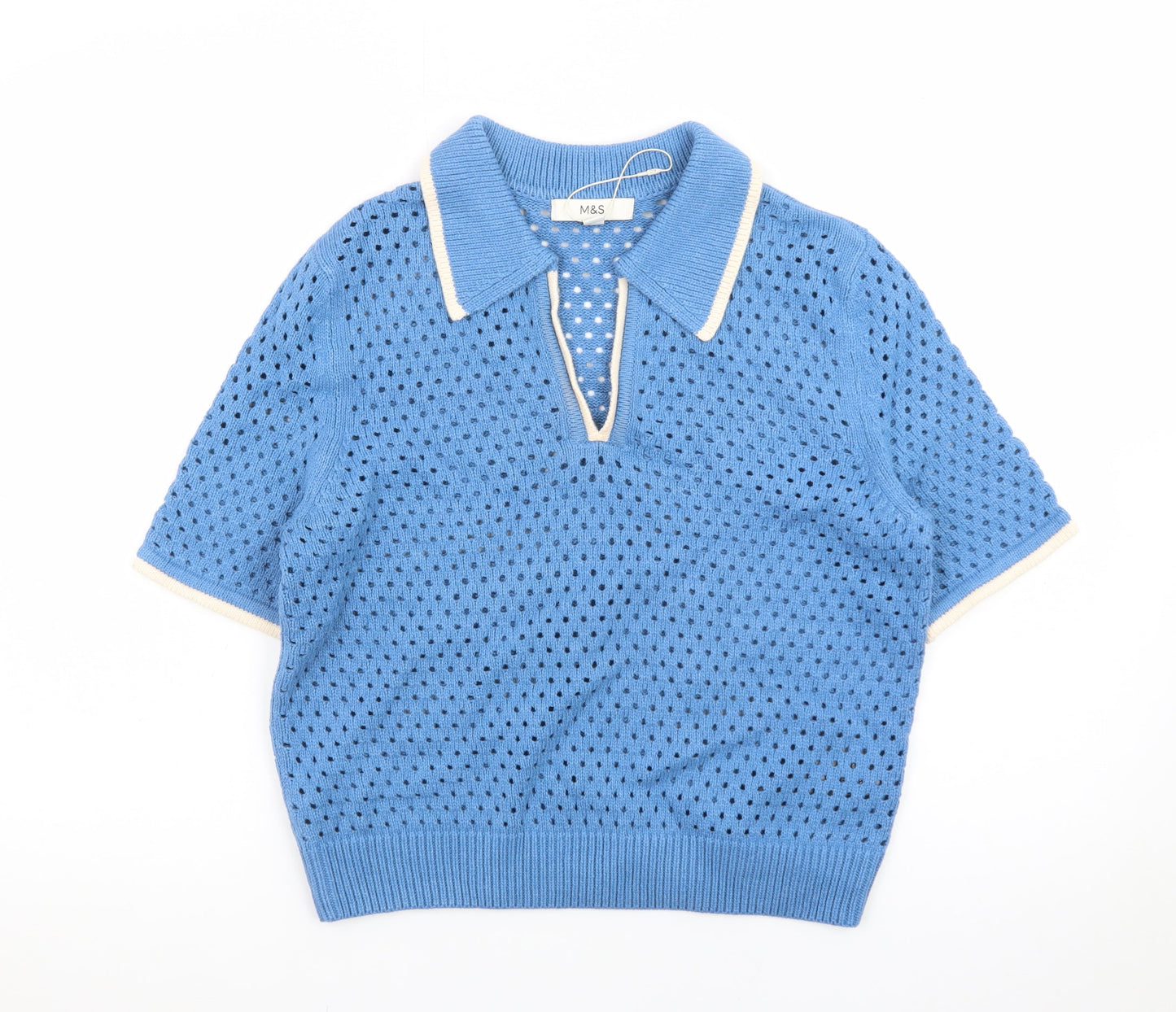 Marks and Spencer Women Blue Collared Open Knit Short Sleeve Jumper S