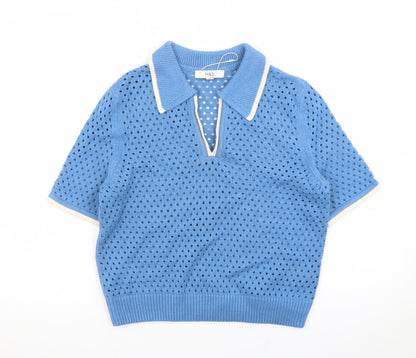 Marks and Spencer Women Blue Collared Open Knit Short Sleeve Jumper S