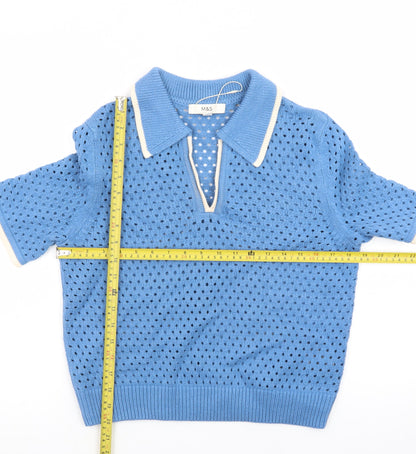 Marks and Spencer Women Blue Collared Open Knit Short Sleeve Jumper S