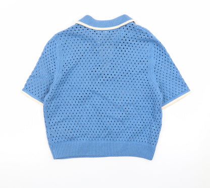 Marks and Spencer Women Blue Collared Open Knit Short Sleeve Jumper S