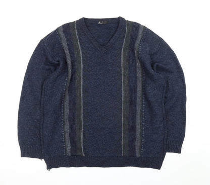 BHS Men's Blue Wool Blend V-Neck Pullover Jumper Size L