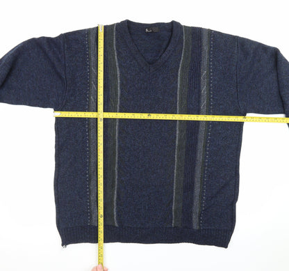BHS Men's Blue Wool Blend V-Neck Pullover Jumper Size L