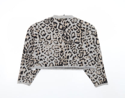 Zara Women Grey Leopard Print Wool Blend Pullover Jumper Size 14