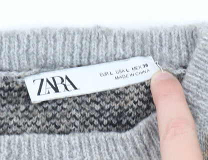 Zara Women Grey Leopard Print Wool Blend Pullover Jumper Size 14