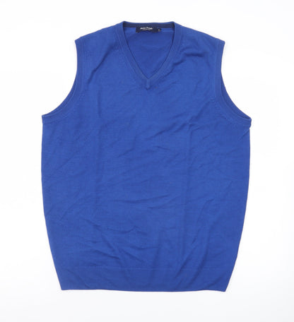 James Pringle Men's Blue Wool Sleeveless V-Neck Vest Jumper Size M