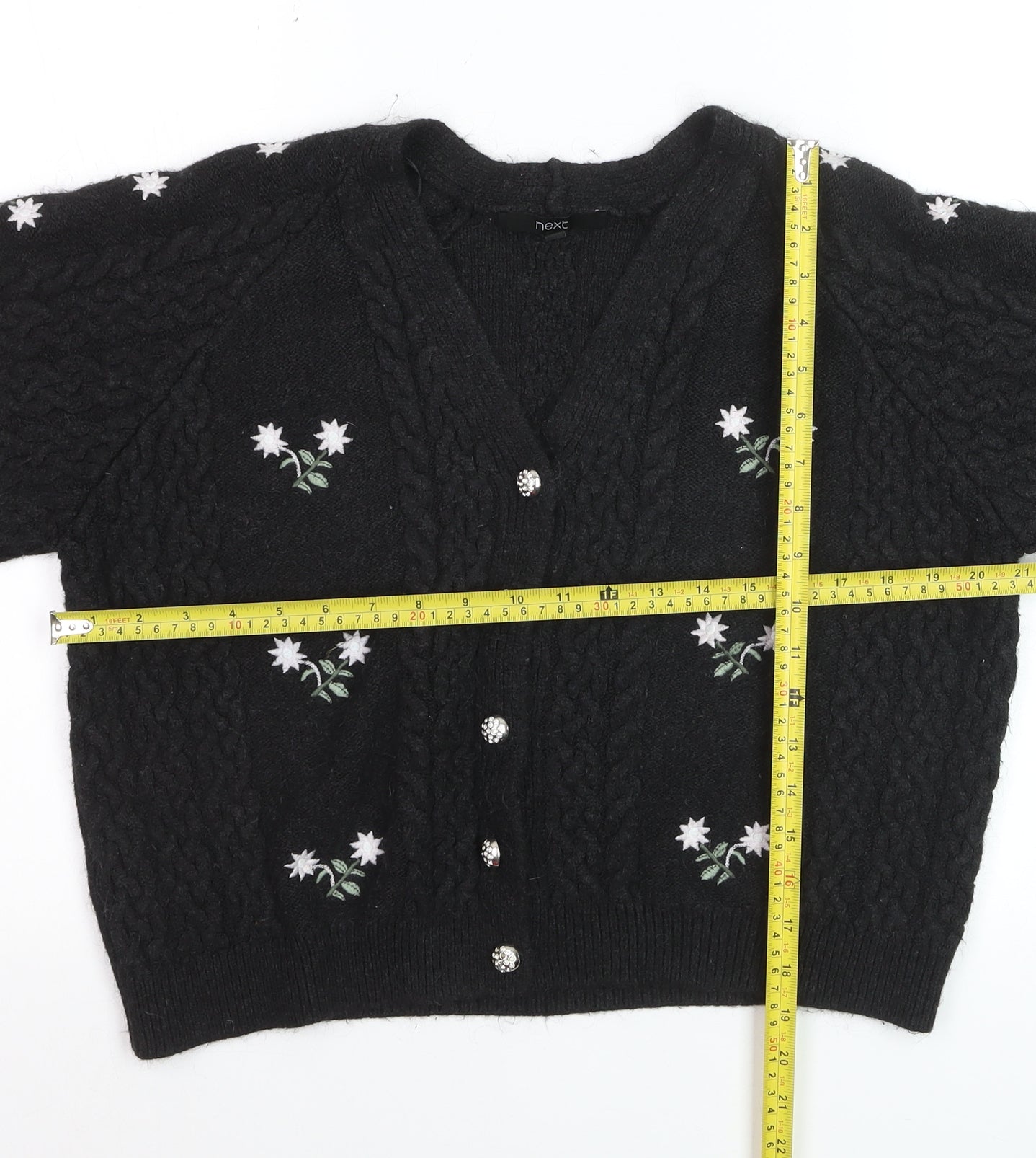 Next Women Black Floral Cable Knit Cardigan L