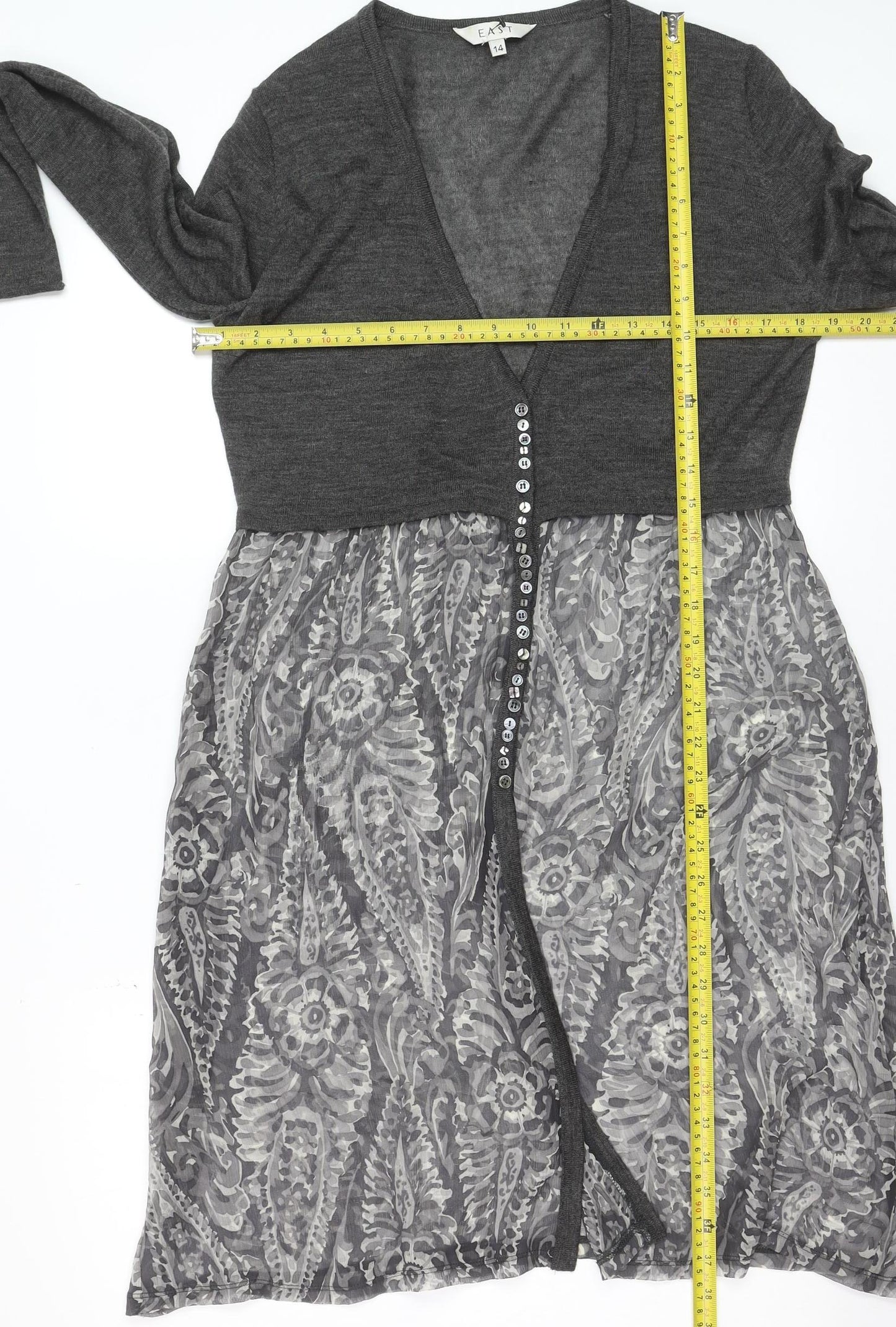 EAST Womens Grey Floral Wool Blend Empire Waist Dress Size 14