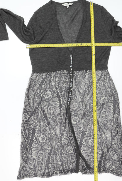 EAST Womens Grey Floral Wool Blend Empire Waist Dress Size 14