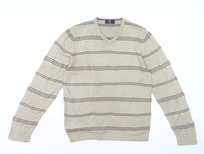 Marks and Spencer Blue Harbour Men's Beige Striped V-Neck Jumper Medium
