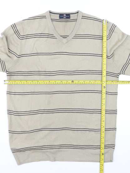 Marks and Spencer Blue Harbour Men's Beige Striped V-Neck Jumper Medium