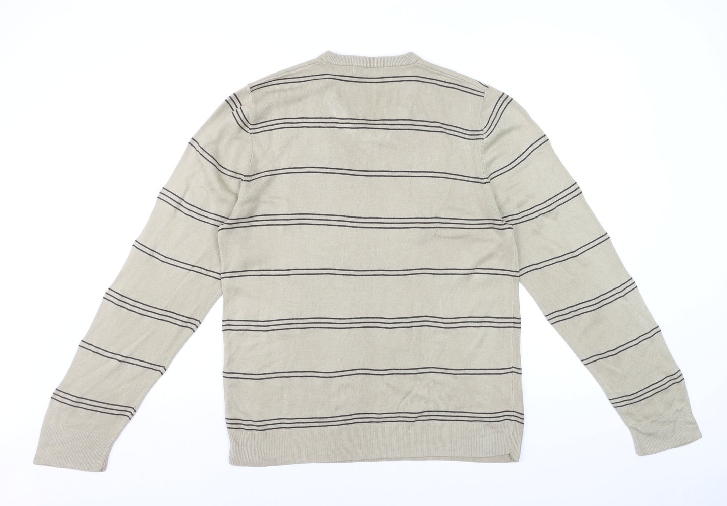 Marks and Spencer Blue Harbour Men's Beige Striped V-Neck Jumper Medium