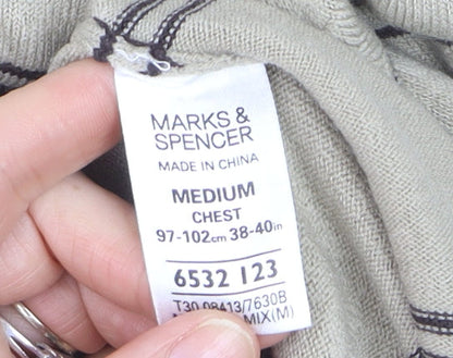 Marks and Spencer Blue Harbour Men's Beige Striped V-Neck Jumper Medium