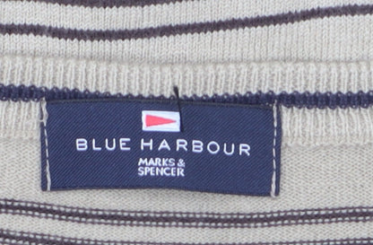 Marks and Spencer Blue Harbour Men's Beige Striped V-Neck Jumper Medium