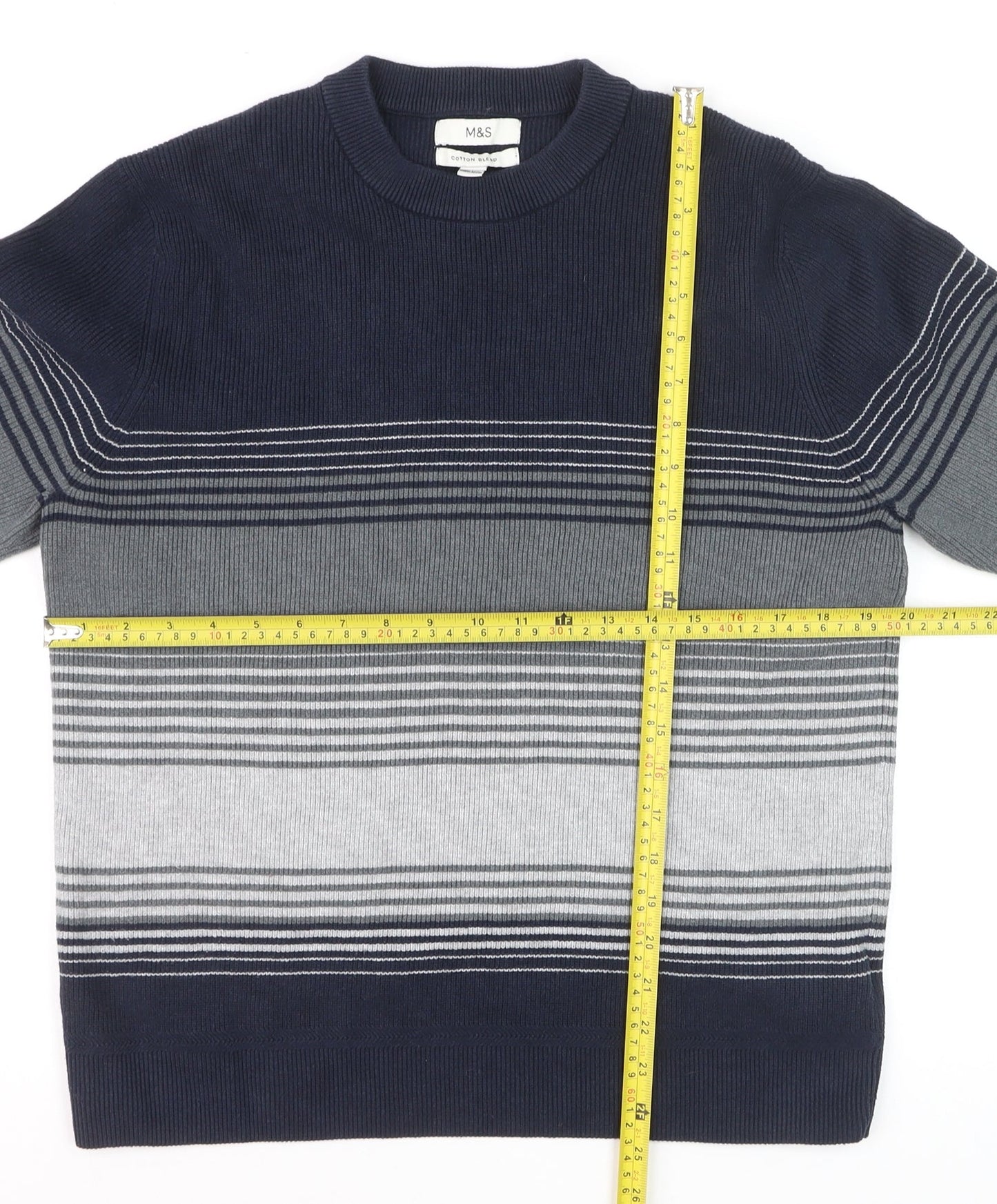 Marks and Spencer Men's Blue Striped Cotton Blend Crew Neck Jumper L