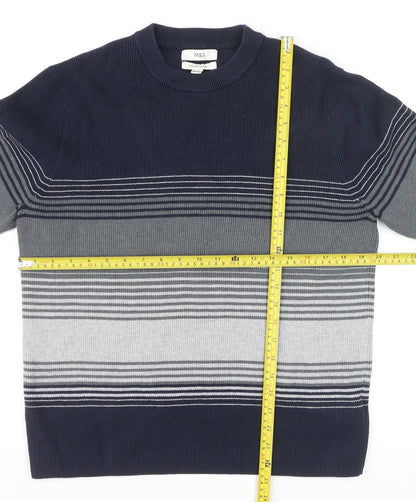 Marks and Spencer Men's Blue Striped Cotton Blend Crew Neck Jumper L