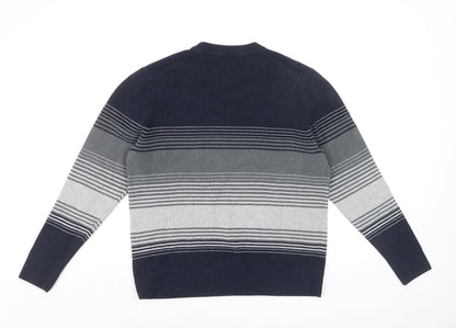 Marks and Spencer Men's Blue Striped Cotton Blend Crew Neck Jumper L