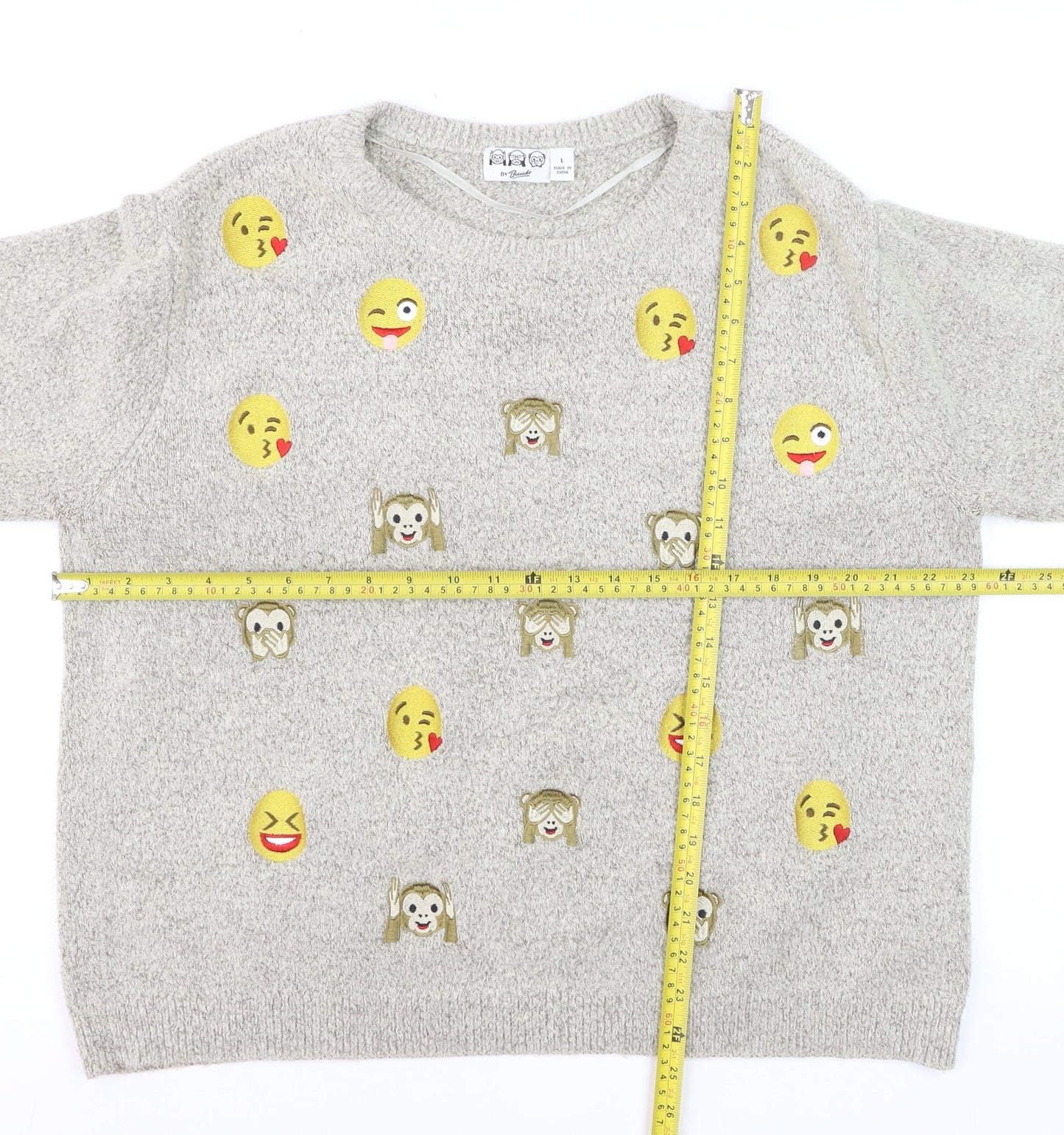 By Bravado Women Grey Emoji Pullover Jumper L Knit Crew Neck