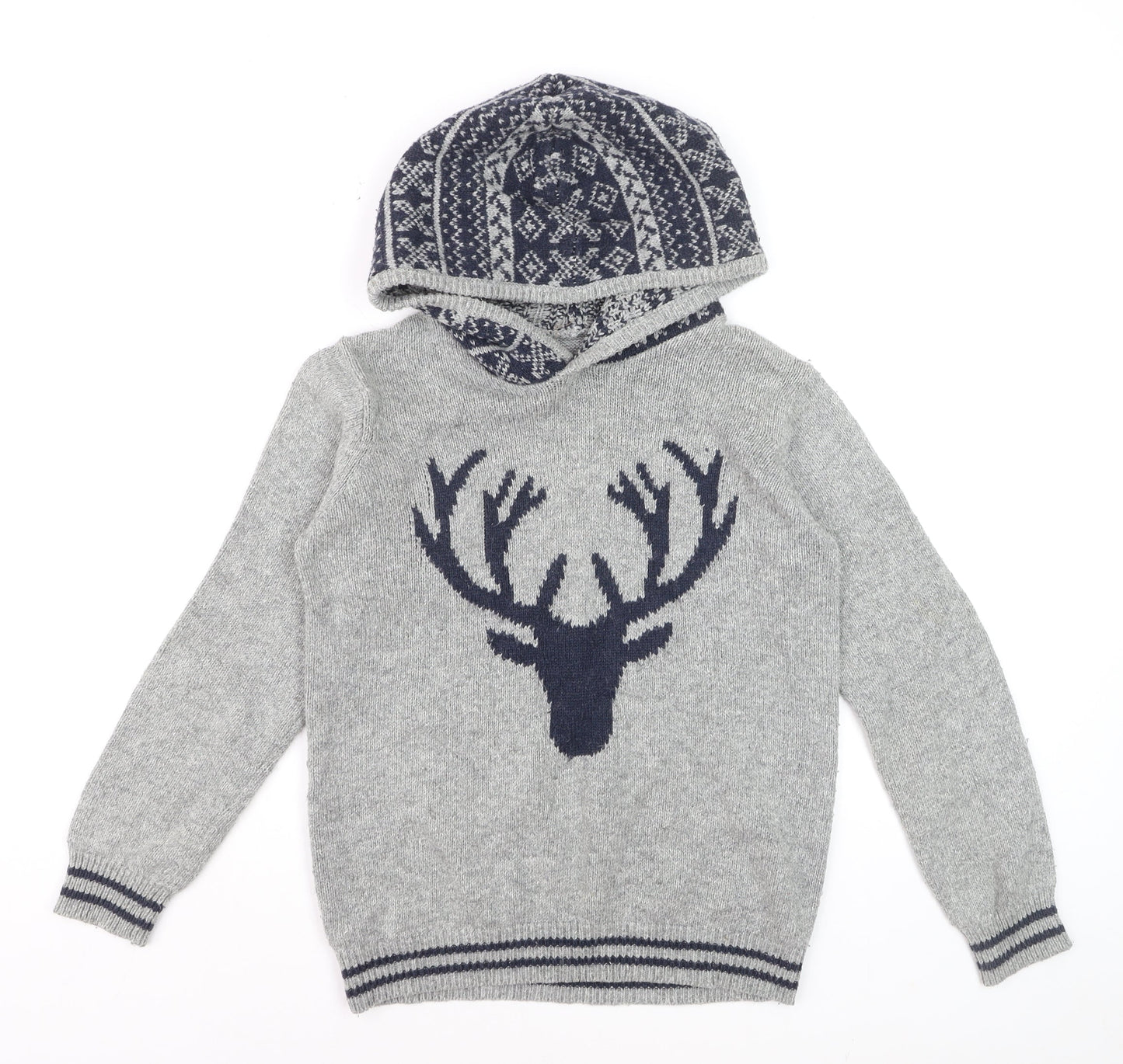 FatFace Boys Grey Hooded Deer Knit Jumper 12-13 Years Cotton Blend Winter