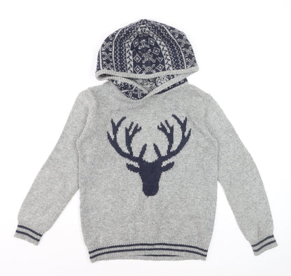 FatFace Boys Grey Hooded Deer Knit Jumper 12-13 Years Cotton Blend Winter
