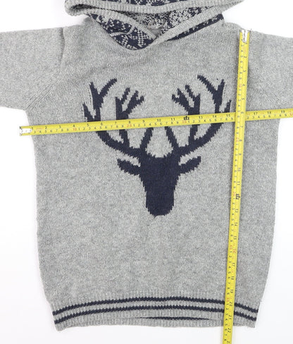 FatFace Boys Grey Hooded Deer Knit Jumper 12-13 Years Cotton Blend Winter