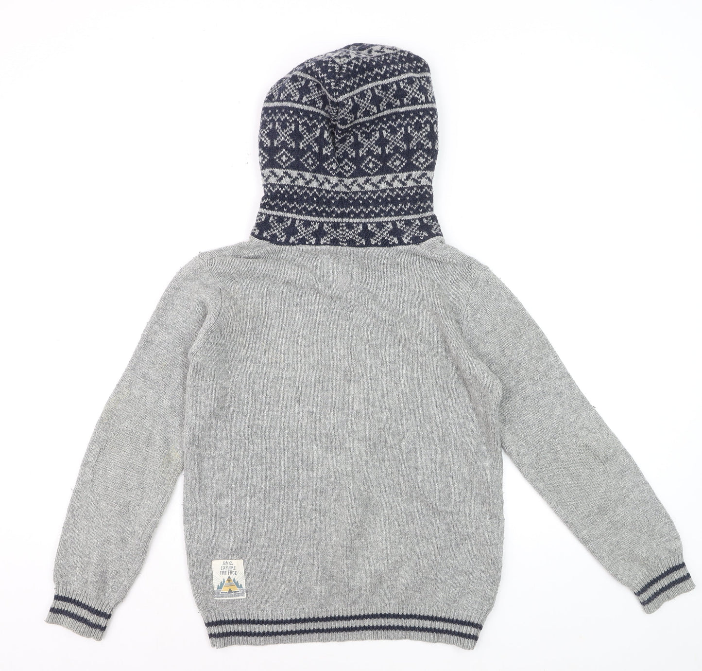 FatFace Boys Grey Hooded Deer Knit Jumper 12-13 Years Cotton Blend Winter