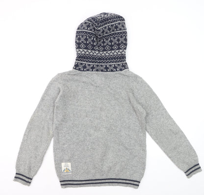 FatFace Boys Grey Hooded Deer Knit Jumper 12-13 Years Cotton Blend Winter