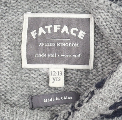 FatFace Boys Grey Hooded Deer Knit Jumper 12-13 Years Cotton Blend Winter