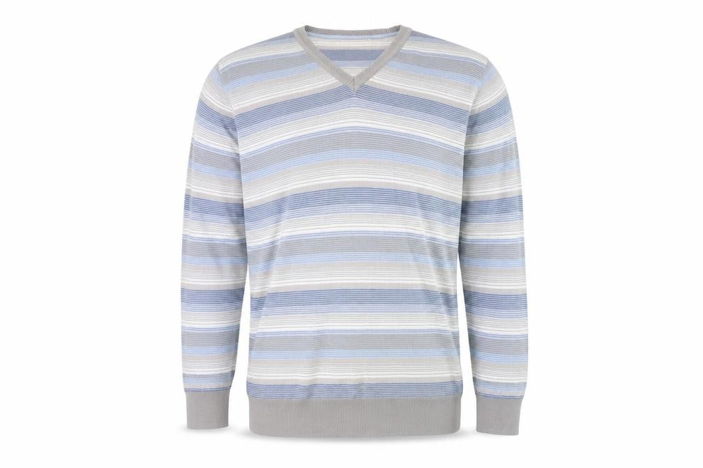 Marks & Spencer Autograph Men's Blue Striped Cotton V-Neck Jumper L