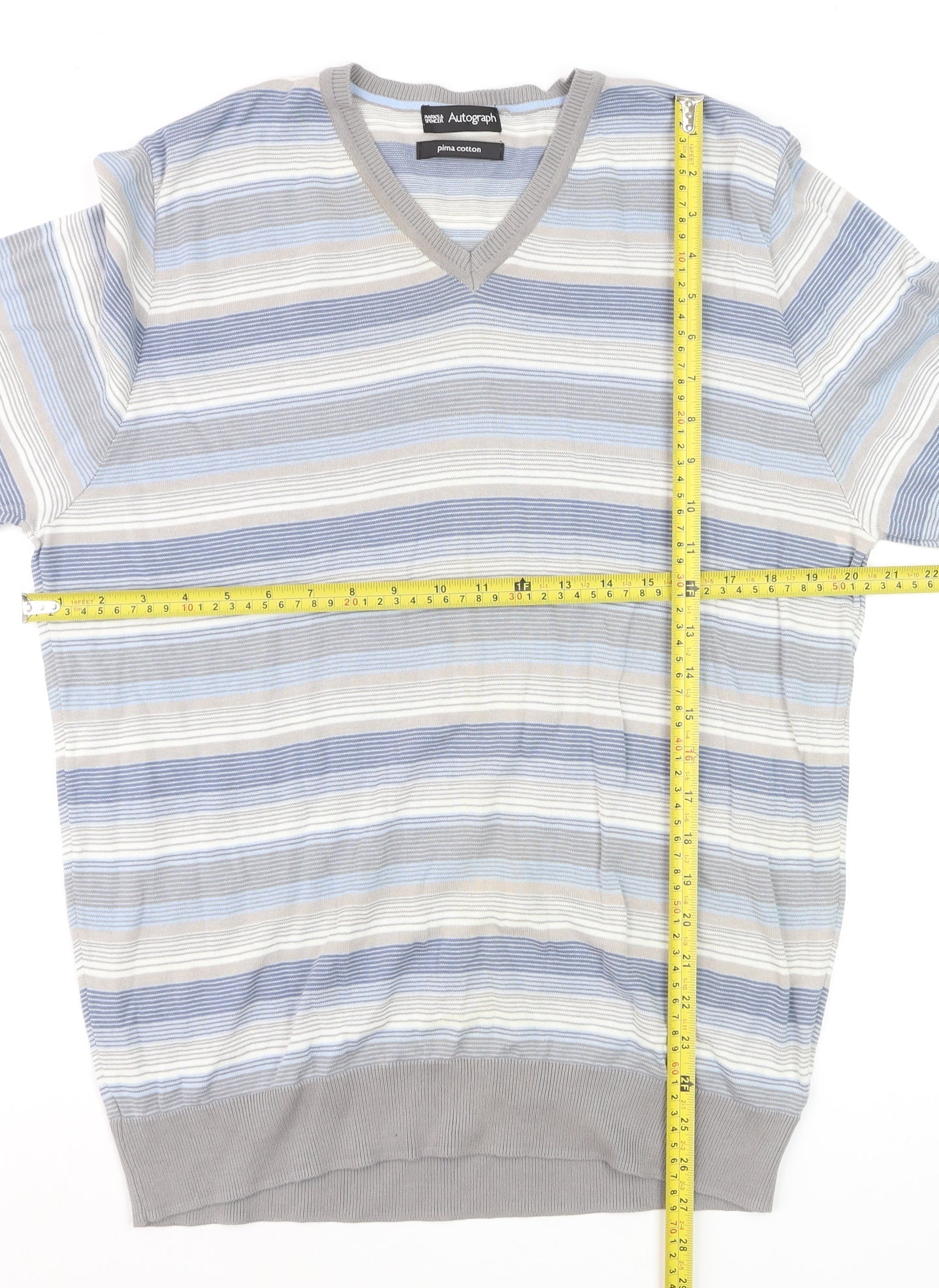 Marks and Spencer Autograph Men's Blue Striped Cotton V-Neck Jumper L