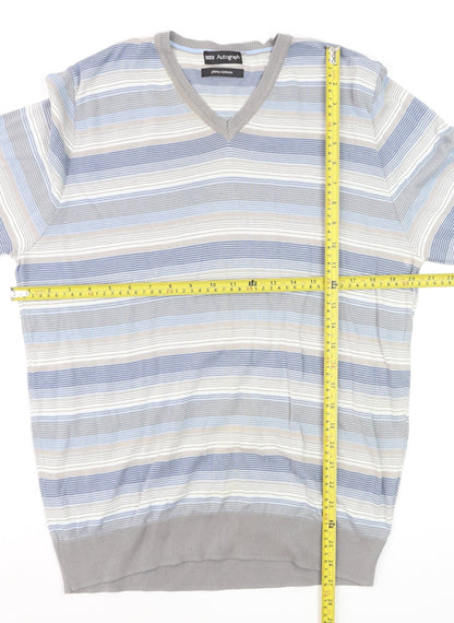 Marks and Spencer Autograph Men's Blue Striped Cotton V-Neck Jumper L