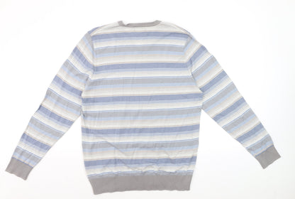 Marks and Spencer Autograph Men's Blue Striped Cotton V-Neck Jumper L