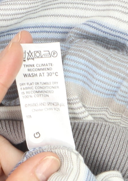 Marks and Spencer Autograph Men's Blue Striped Cotton V-Neck Jumper L