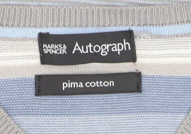 Marks and Spencer Autograph Men's Blue Striped Cotton V-Neck Jumper L