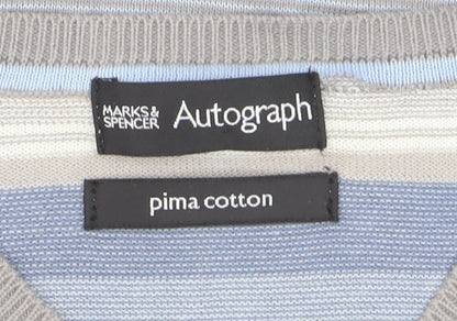 Marks and Spencer Autograph Men's Blue Striped Cotton V-Neck Jumper L