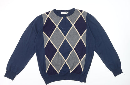 Pringle of Scotland Men’s Blue Argyle Cotton Jumper XL Crew Neck