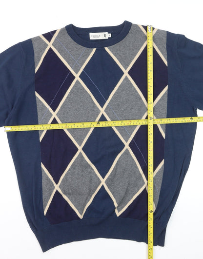 Pringle of Scotland Men’s Blue Argyle Cotton Jumper XL Crew Neck