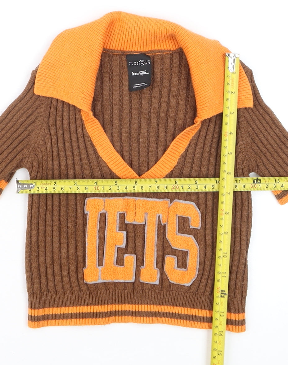 Iets Frans Girls Brown & Orange Ribbed V-Neck Pullover Jumper Size M