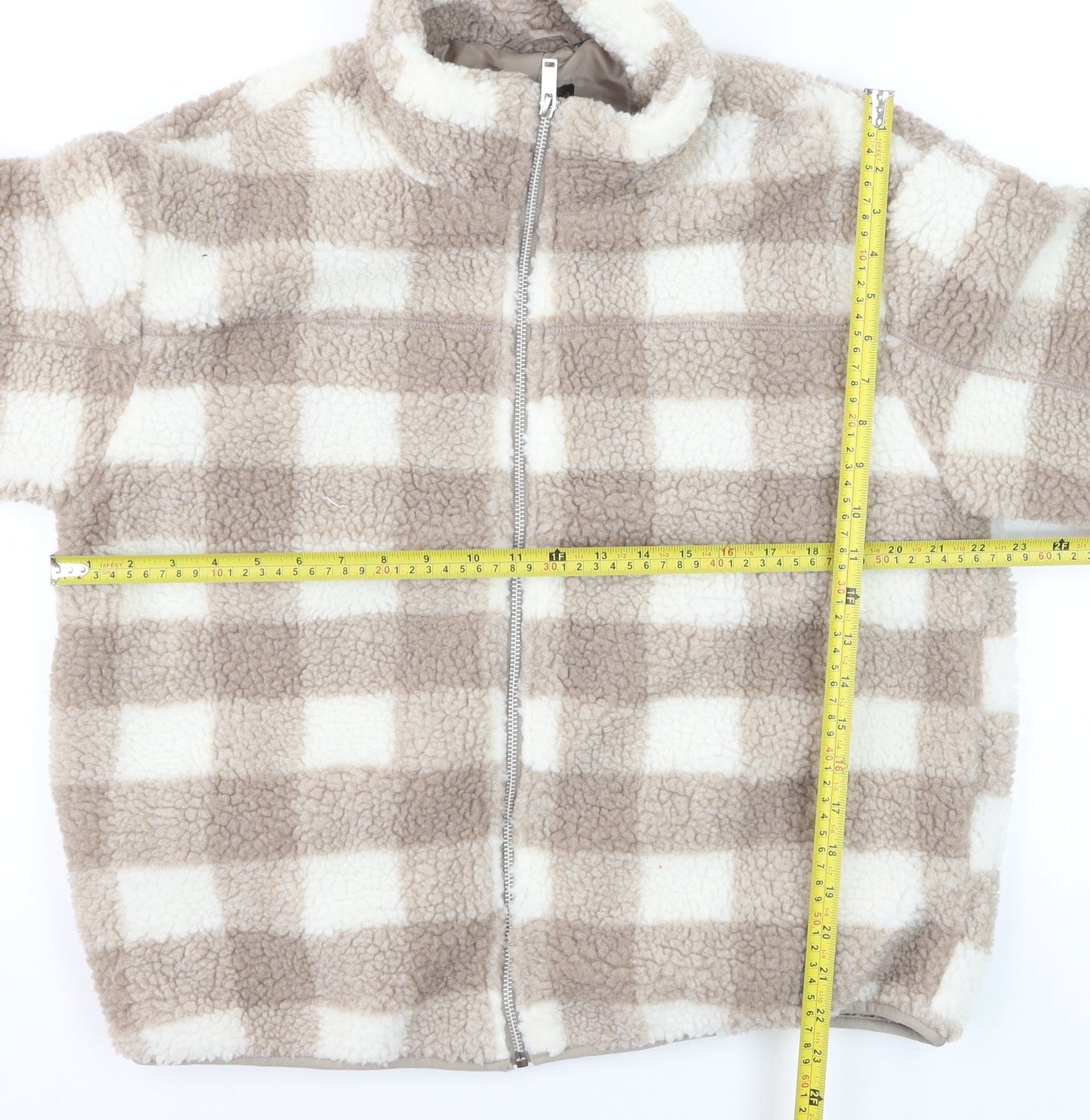 New Look Women Beige Checked Fleece Full Zip Jumper Size 14