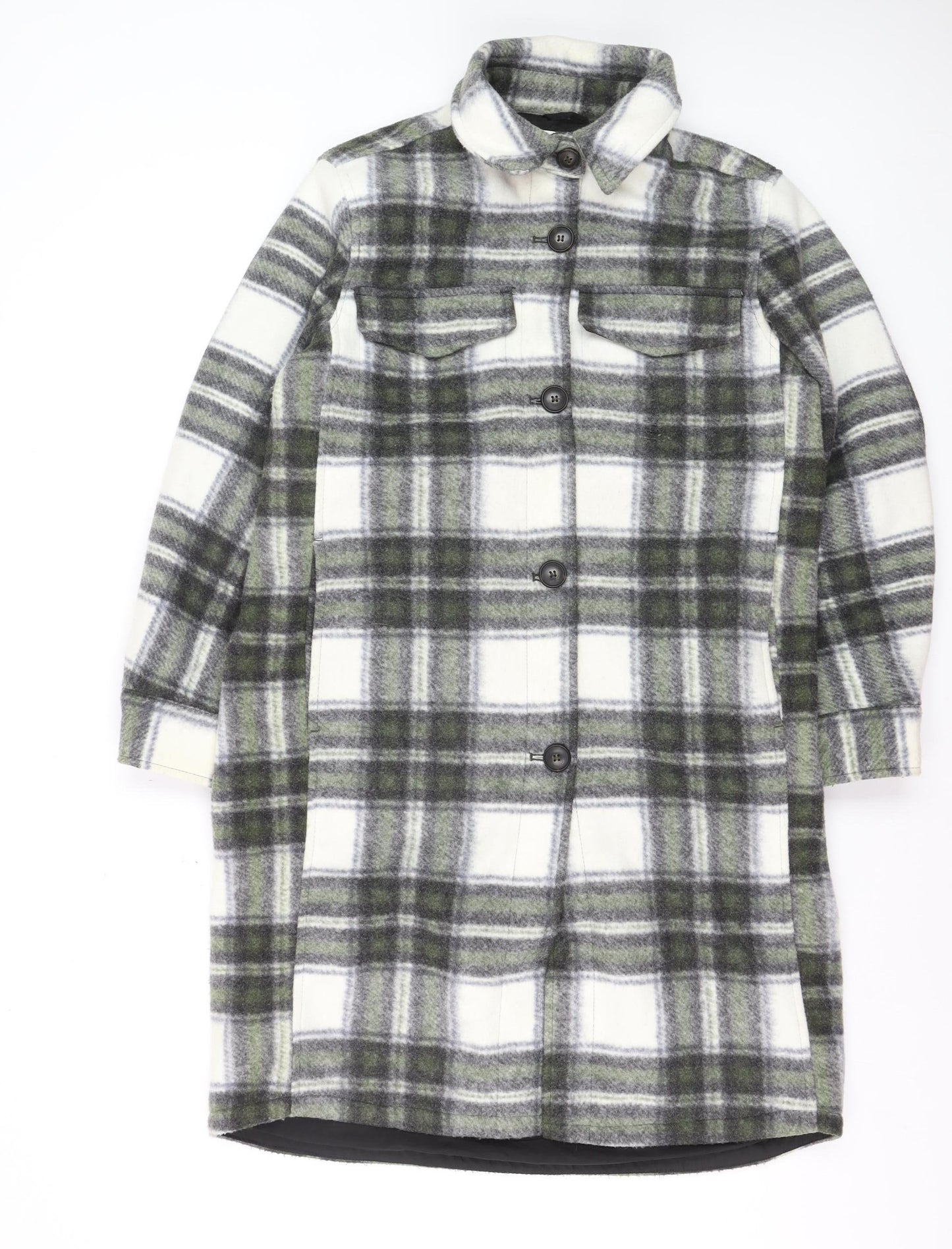 H&M Men’s Grey Check Long Overcoat Size S Polyester Button-Up