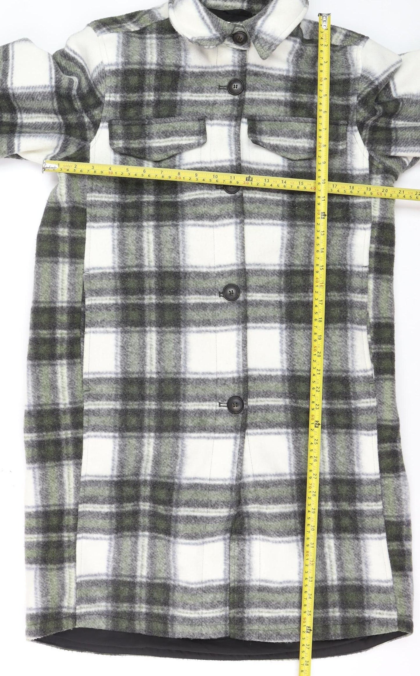 H&M Men’s Grey Check Long Overcoat Size S Polyester Button-Up