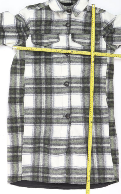 H&M Men’s Grey Check Long Overcoat Size S Polyester Button-Up